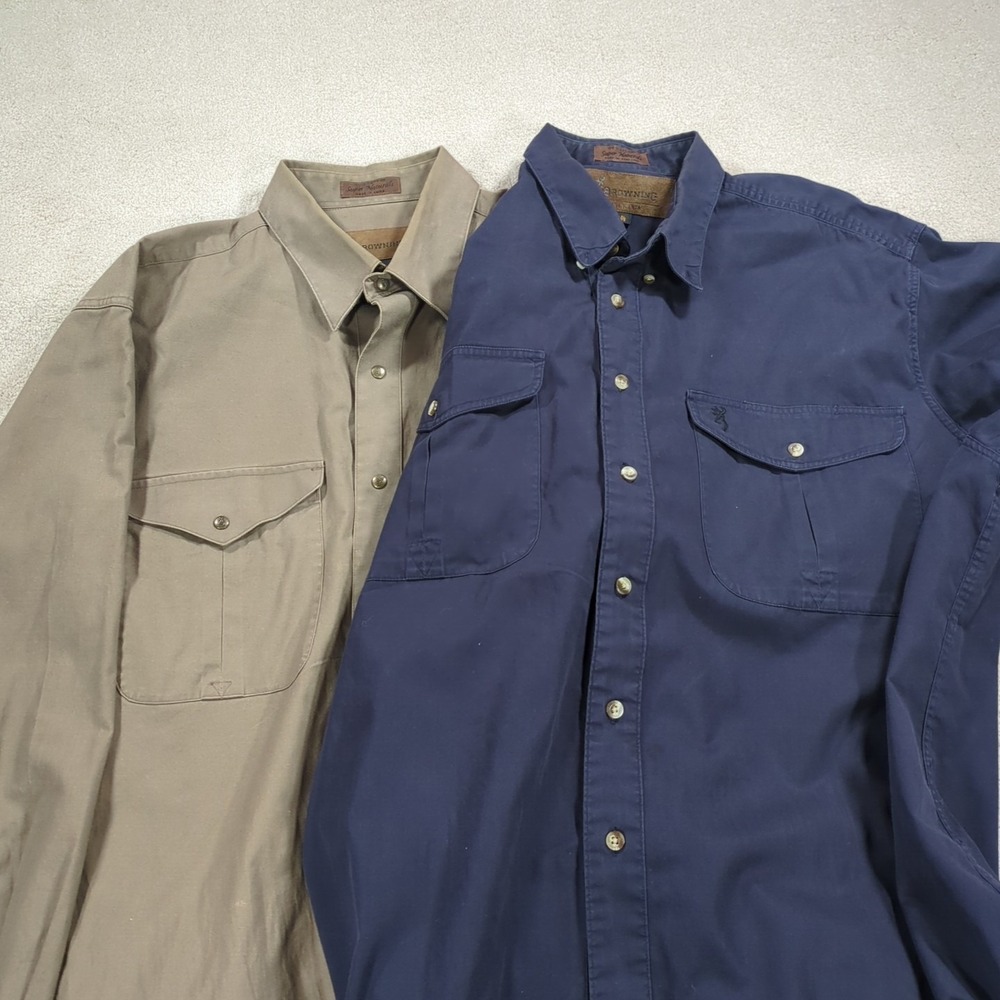 2 Vintage Browning Work Shirt Mens XL Tan Blue Super Naturals Cotton Button Up